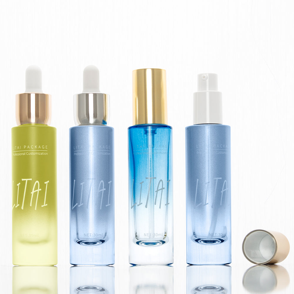 Custom Glass Dropper Bottle 30ml Face Cream Lotion Pump Serum Bottle with Golden Caps