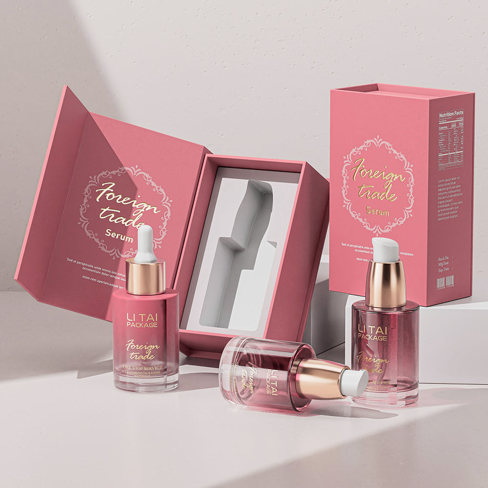 Custom Color Flat Shoulder Serum Essence Oil Dropper Bottle 20ml 30ml 50ml Glass Serum Bottle With Box