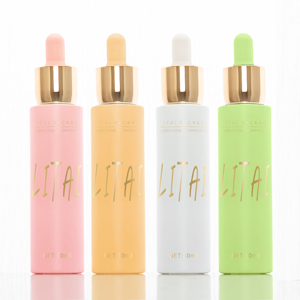 Custom Matte Pink Green Glass Dropper Bottle 1oz 30 ml Face Cream Lotion Pump Bottle Serum Bottle 30ml with Golden Caps