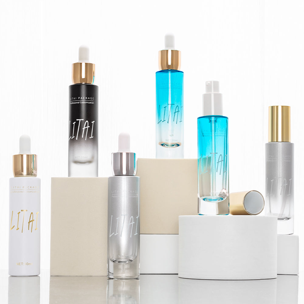 Custom Glass Dropper Bottle 30ml Face Cream Lotion Pump Serum Bottle with Golden Caps