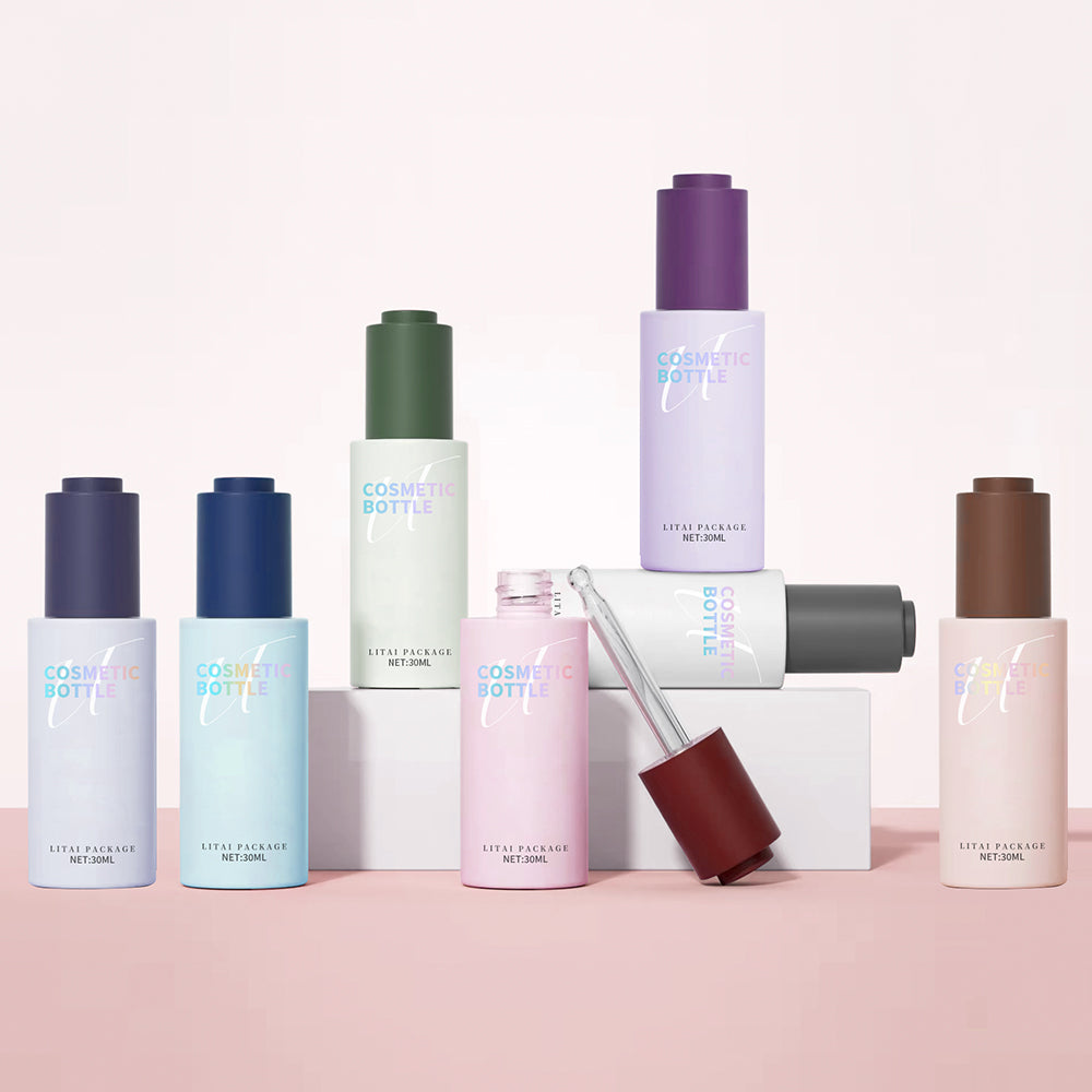 30ml 1oz Press Button Flat Shoulder Glass Dropper Bottle Empty Frosted Cosmetic Face Serum Bottle With Box
