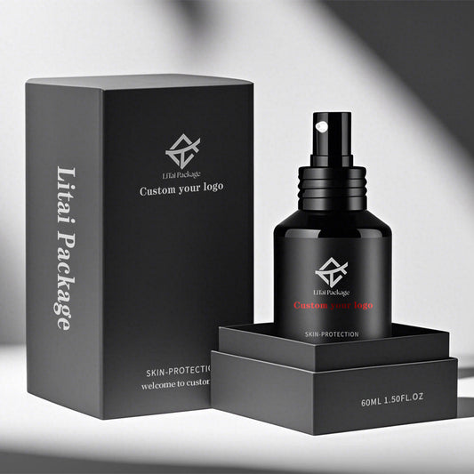 Unique 30 ml 60ml Hair Body Facial Oil Serum Bottle Custom Slanted Shoulder Black Glass Lotion Pump Bottle with Box