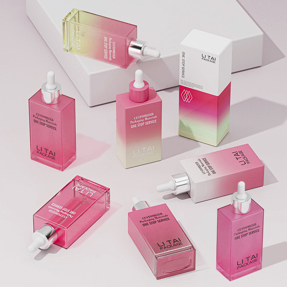 30ml 50ml 100ml Flat Square Pink Customizable Serum Essential Oil Dropper Bottle With Box Packaging