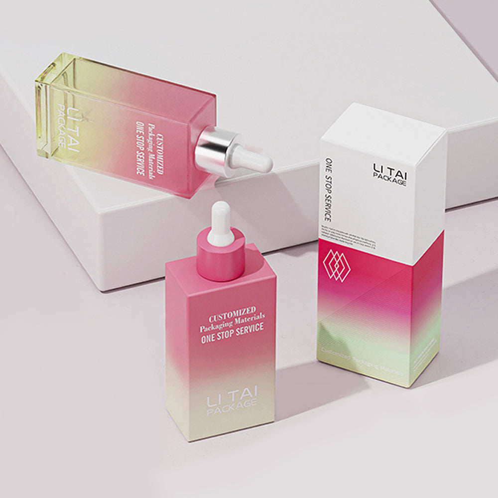 30ml 50ml 100ml Flat Square Pink Customizable Serum Essential Oil Dropper Bottle With Box Packaging