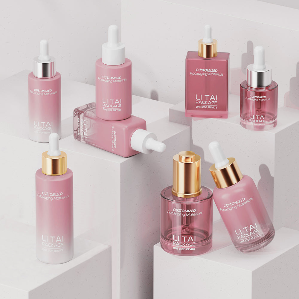 Square Pink Frosted Oil Glass Luxury Face Serum Dropper Pump Bottle 30ml with Box
