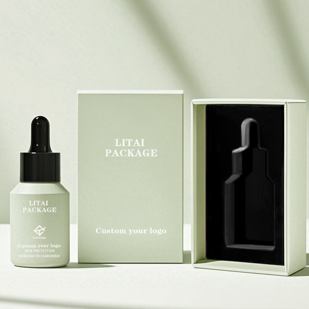 Skin Care Packaging Serum Bottle 1oz 30ml Clear Frosted Empty Slanted Shoulder Hair Essential Oil Glass Dropper Bottle with Box