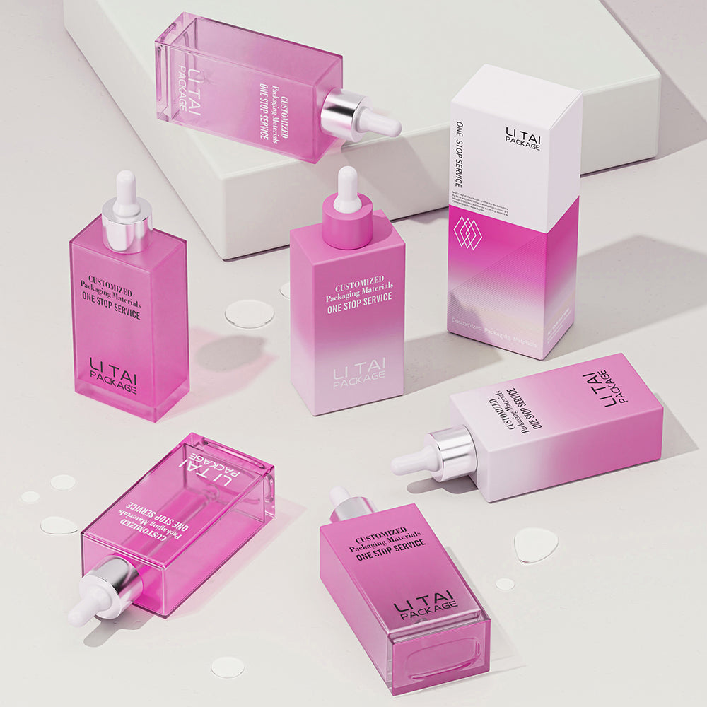 30ml 50ml 100ml Flat Square Pink Customizable Serum Essential Oil Dropper Bottle With Box Packaging