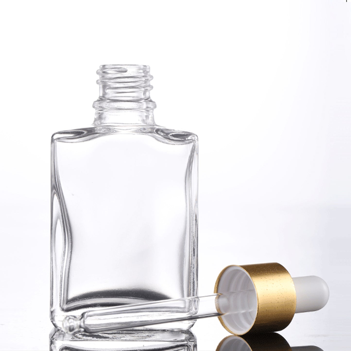 Square Clear Glass Pipette Flat Serum Bottles 30ml 50ml 100ml Essential Oil Rectangle Glass Dropper Bottle