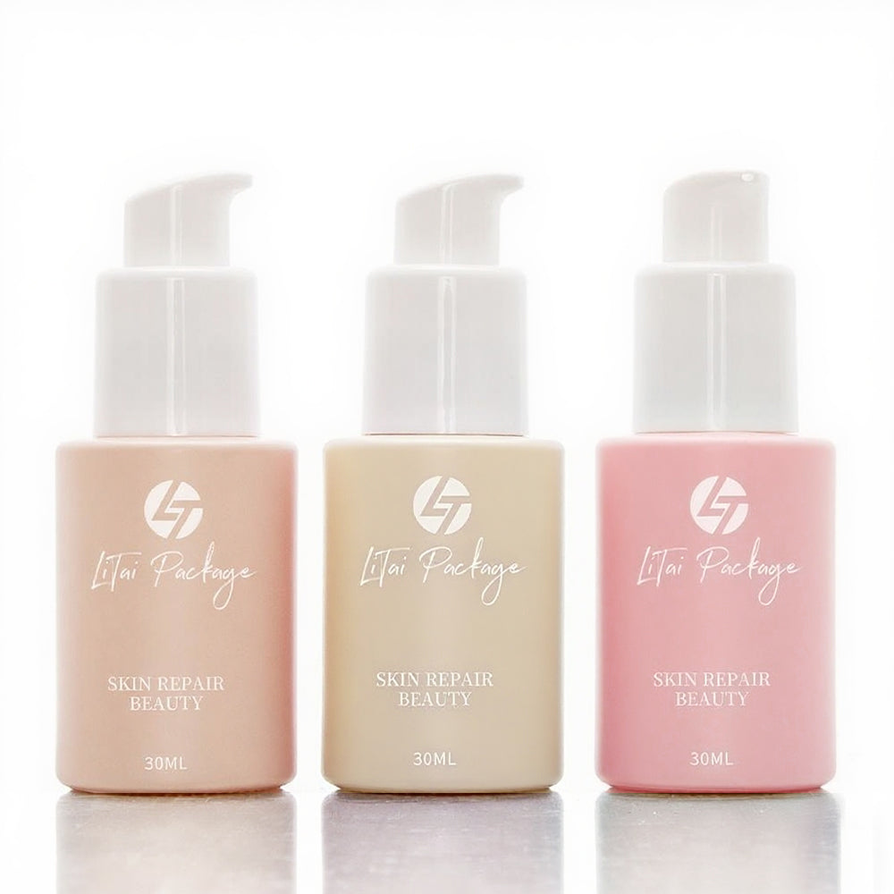 Luxury 1Oz 30Ml 50Ml Beige Pink Essential Oil Serum Bottle Glass Pump Bottles With Cosmetic Packaging Paper Box