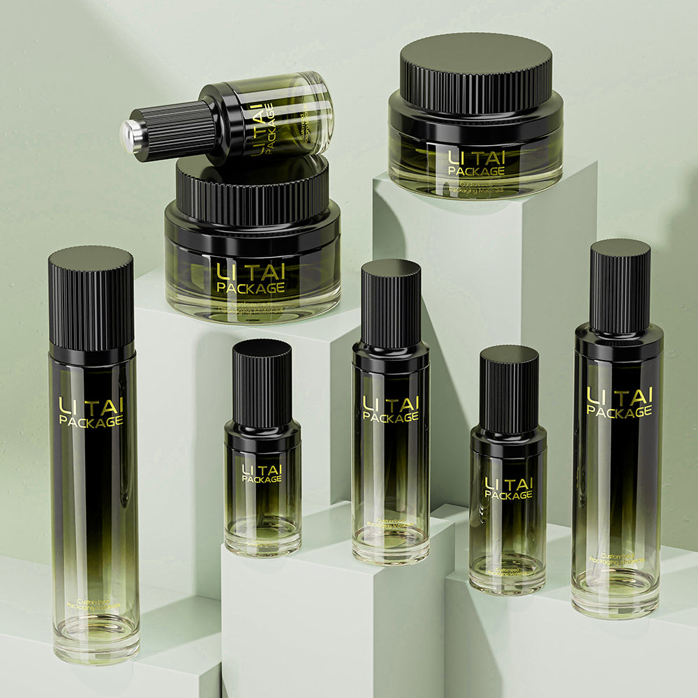 Luxury Golden Green Glass Skincare Packaging Glass Lotion Bottle With Droppe Pump