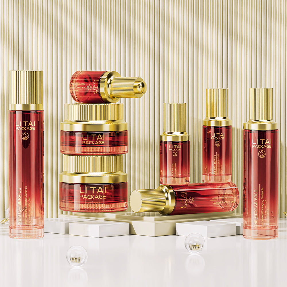 Luxury Golden Green Glass Skincare Packaging Glass Lotion Bottle With Droppe Pump