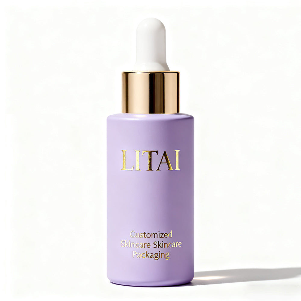 Customized Cosmetic Flat Shoulder Matte purple Glass Bottle With Dropper for Essential Oil Serum