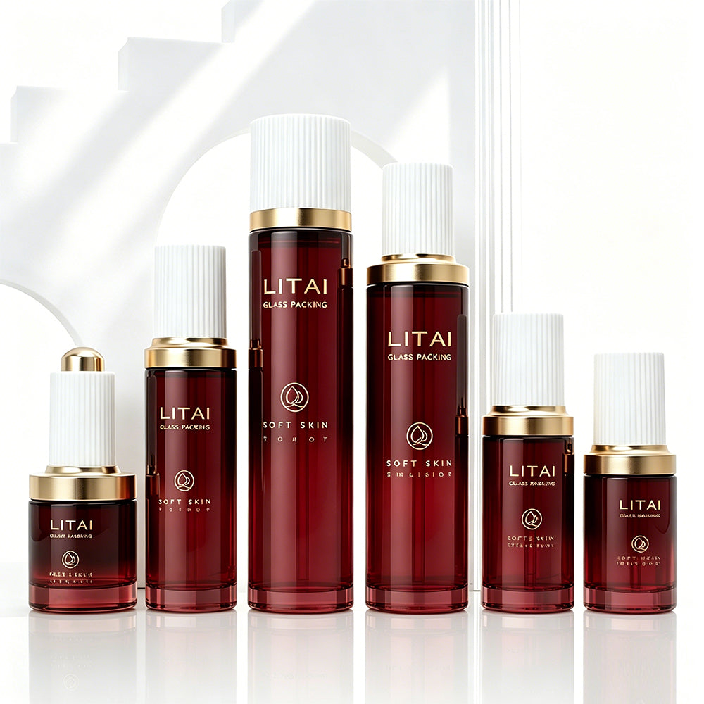 Round Empty 30ml Luxury Serum Bottle Customize Matte Transparent Dark Red Skincare Glass Dropper Bottle With Box