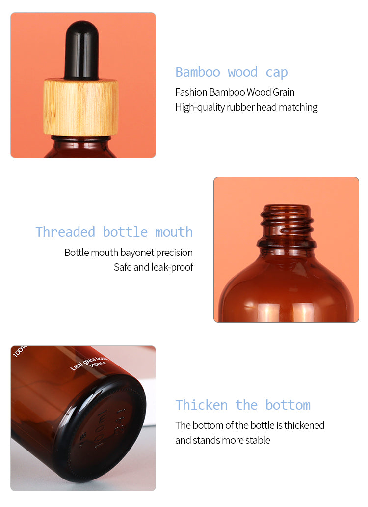 Skin Care Glass Packaging Essential Oil Bottle with Bamboo Wood Caps