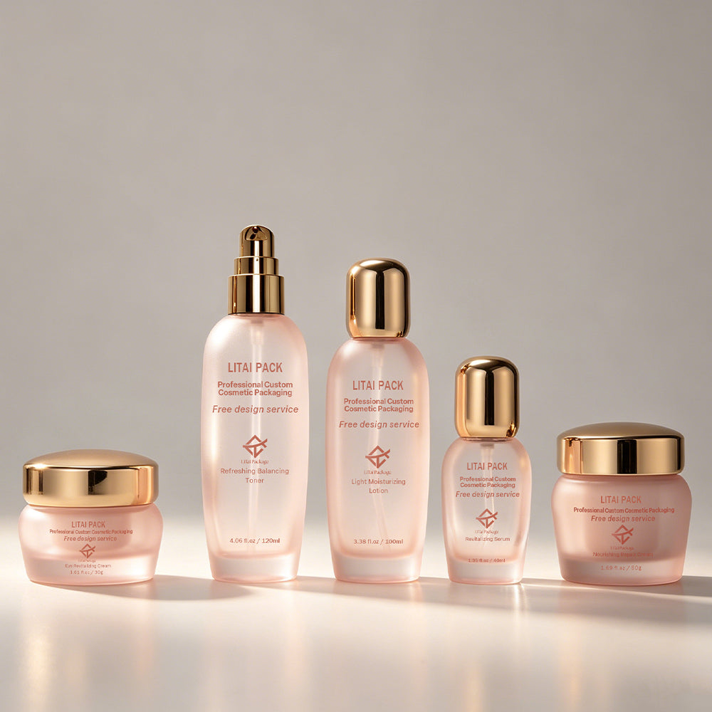 Luxury Frosted Clear Pink Glass Skincare Packaging Lotion Bottle With Golden Pump