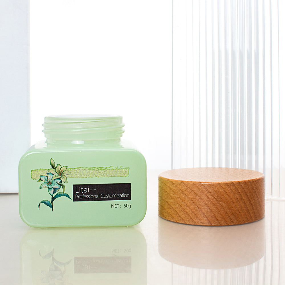 skincare face cream container packaging square 50ml Color glass cosmetic jar with bamboo lids