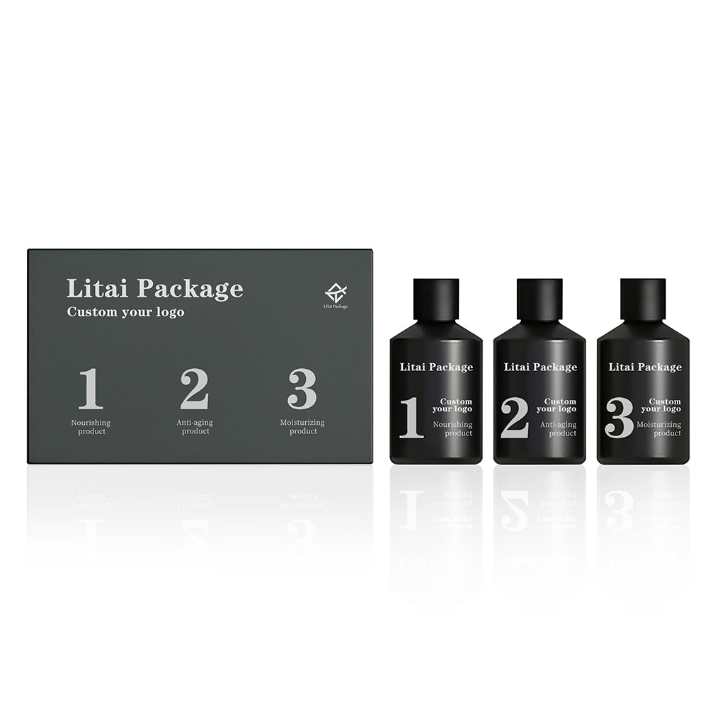 Unique 30 ml 60ml Hair Body Facial Oil Serum Bottle Custom Slanted Shoulder Black Glass Lotion Pump Bottle with Box