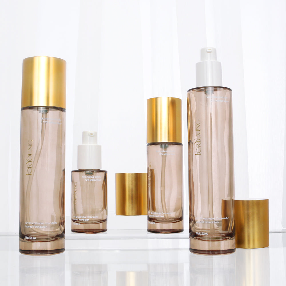 Cylindrical Skincare Glass Bottle Set 30ml 1oz 100ml Cosmetic Jar Shampoo Lotion Toner Spray Pump Bottle With Golden Cover