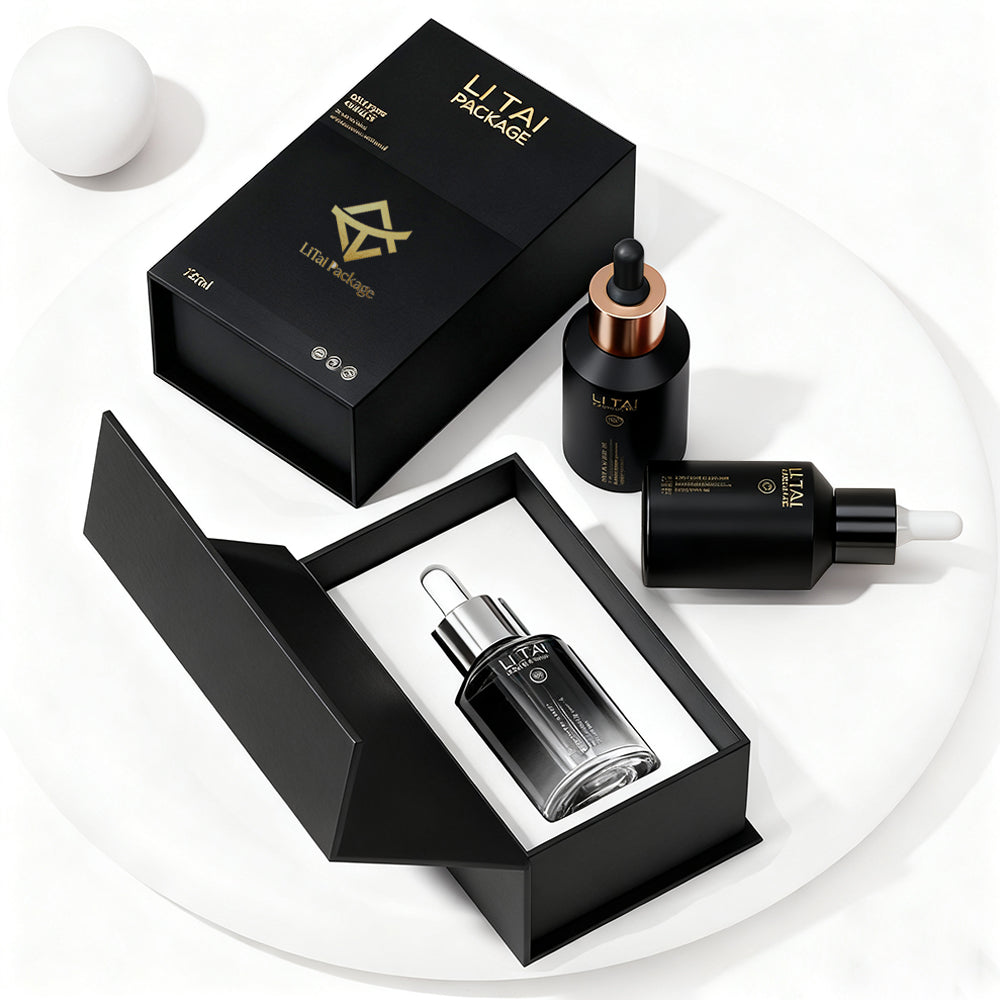 Custom Unique Matte Black Glass Cosmetic Packaging Set Luxury Skincare Packaging Containers Bottle and Jar for Lotion and Cream