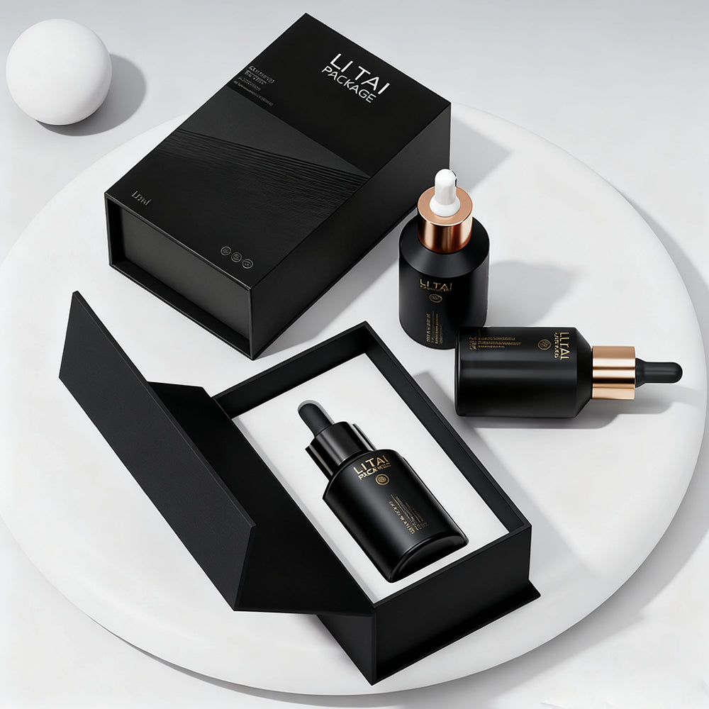 Custom Unique Matte Black Glass Cosmetic Packaging Set Luxury Skincare Packaging Containers Bottle and Jar for Lotion and Cream