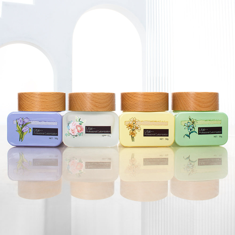 skincare face cream container packaging square 50ml Color glass cosmetic jar with bamboo lids