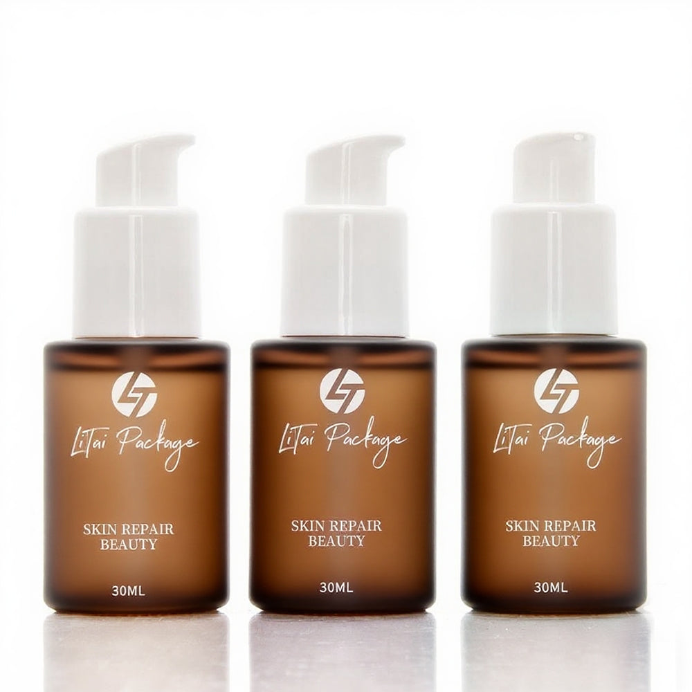 Luxury 1Oz 30Ml 50Ml Beige Pink Essential Oil Serum Bottle Glass Pump Bottles With Cosmetic Packaging Paper Box