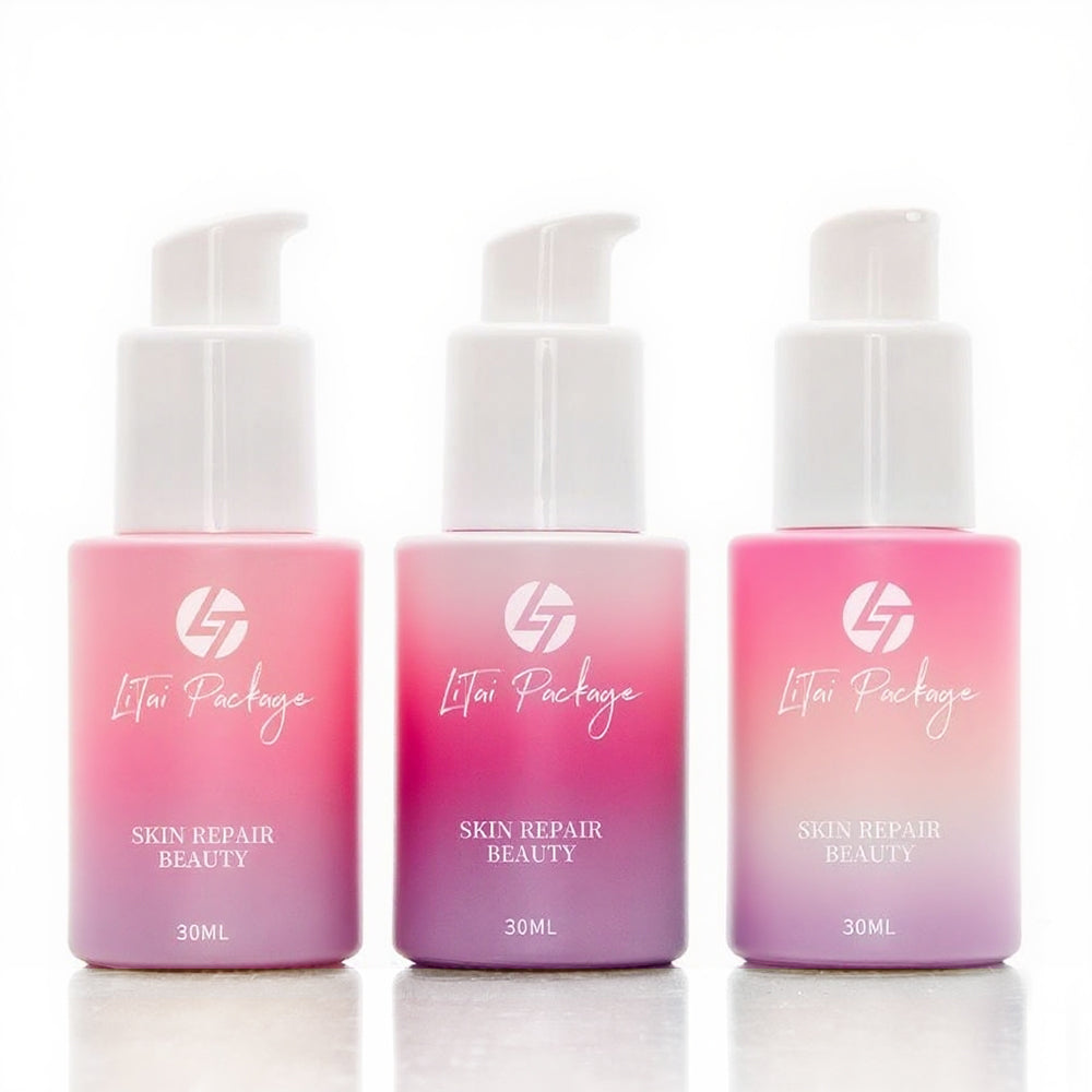 Luxury 1Oz 30Ml 50Ml Beige Pink Essential Oil Serum Bottle Glass Pump Bottles With Cosmetic Packaging Paper Box