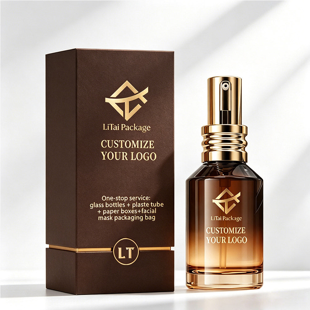 Custom Glass Cosmetic Packaging Amber Gradient Glass Face Serum Lotion Oil Bottle with Box