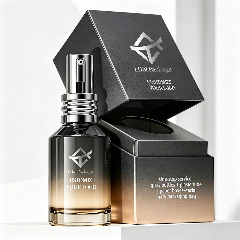 Custom Glass Cosmetic Packaging Amber Gradient Glass Face Serum Lotion Oil Bottle with Box