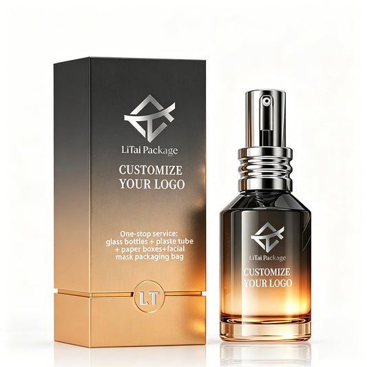 Custom Glass Cosmetic Packaging Amber Gradient Glass Face Serum Lotion Oil Bottle with Box