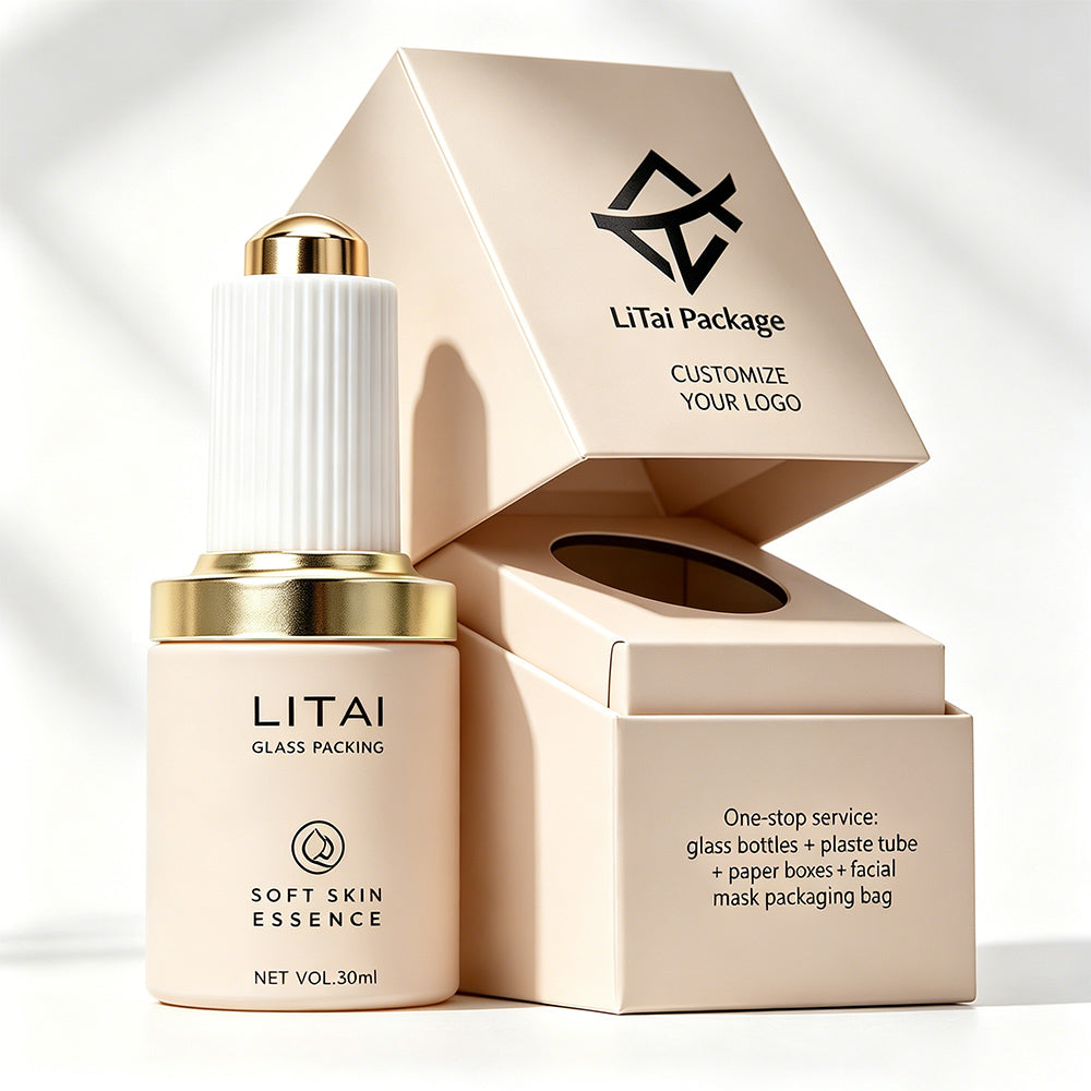 Custom Beige Luxury Hair Oil Serum Bottle 1 Oz Empty Push Press Dropper Glass Bottle 30ml With Box Packaging