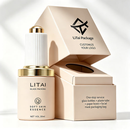 Custom Beige Luxury Hair Oil Serum Bottle 1 Oz Empty Push Press Dropper Glass Bottle 30ml With Box Packaging