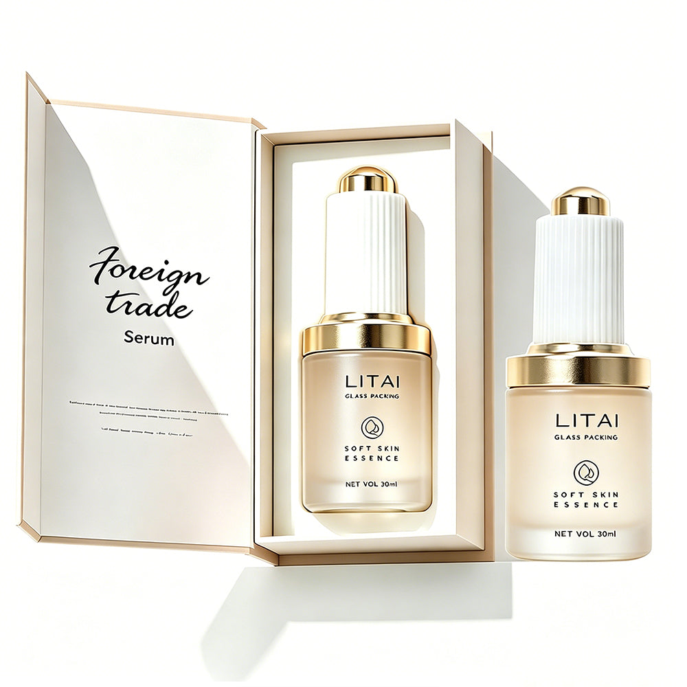 Custom Beige Luxury Hair Oil Serum Bottle 1 Oz Empty Push Press Dropper Glass Bottle 30ml With Box Packaging