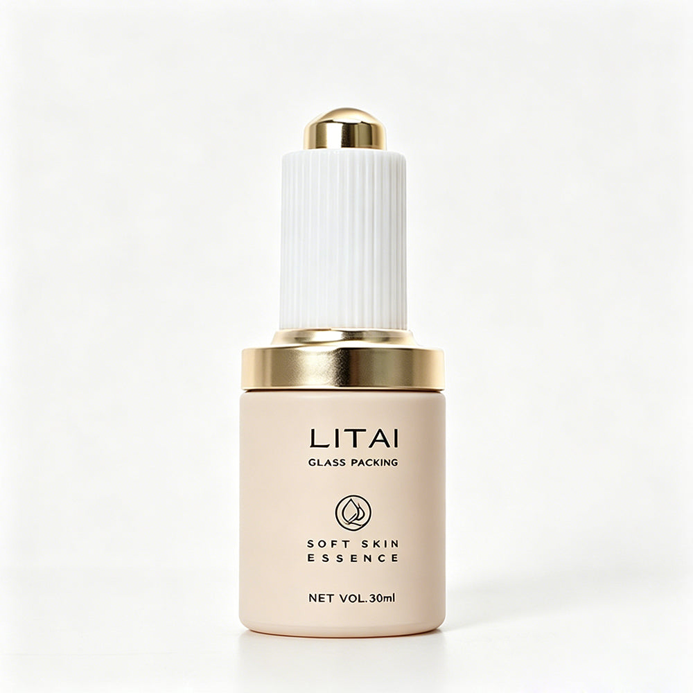 Custom Beige Luxury Hair Oil Serum Bottle 1 Oz Empty Push Press Dropper Glass Bottle 30ml With Box Packaging