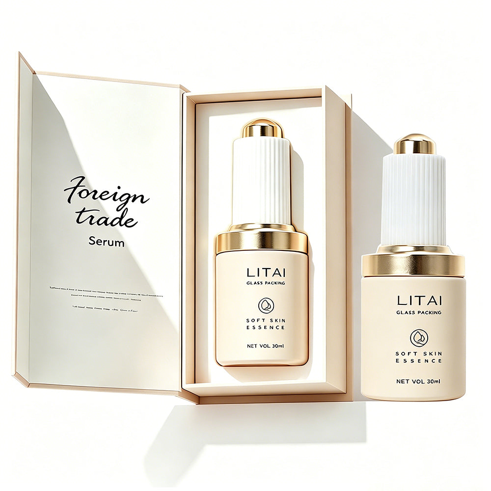 Custom Beige Luxury Hair Oil Serum Bottle 1 Oz Empty Push Press Dropper Glass Bottle 30ml With Box Packaging
