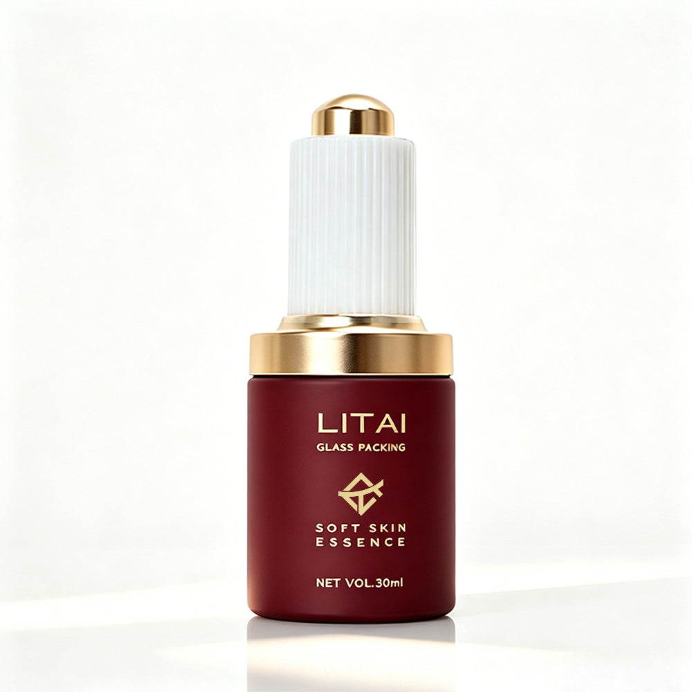 Round Empty 30ml Luxury Serum Bottle Customize Matte Transparent Dark Red Skincare Glass Dropper Bottle With Box