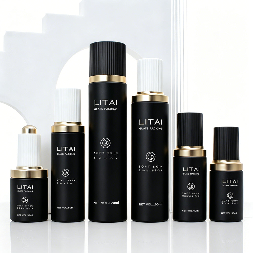 30ml 60ml 100ml 120ml Empty Cream Pump Dropper Serum Oil Bottle Matte Black Glass Bottle Pump Lotion Skincare Packaging Sets