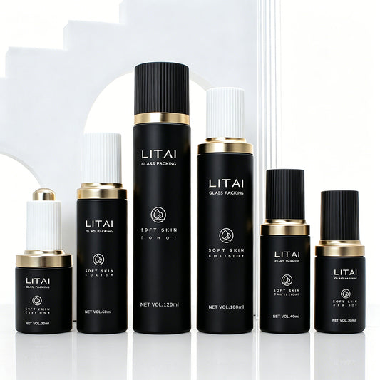 30ml 60ml 100ml 120ml Empty Cream Pump Dropper Serum Oil Bottle Matte Black Glass Bottle Pump Lotion Skincare Packaging Sets