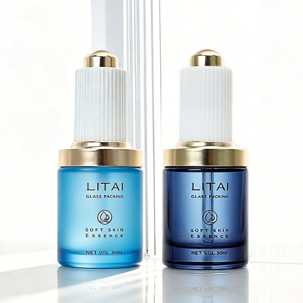 30ML Blue Empty Frosted Glass Skincare Dropper Bottles With Packaging Box