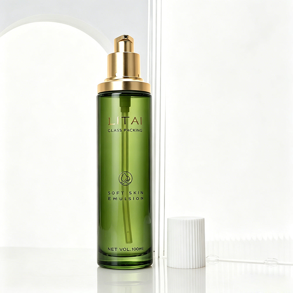 Empty Frosted Green Glass Cream Cosmetic Pump Bottle Luxury 100 ml 30ml Pump Dropper Spray Bottle Cosmetics