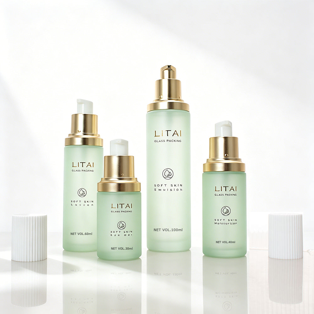Empty Frosted Green Glass Cream Cosmetic Pump Bottle Luxury 100 ml 30ml Pump Dropper Spray Bottle Cosmetics