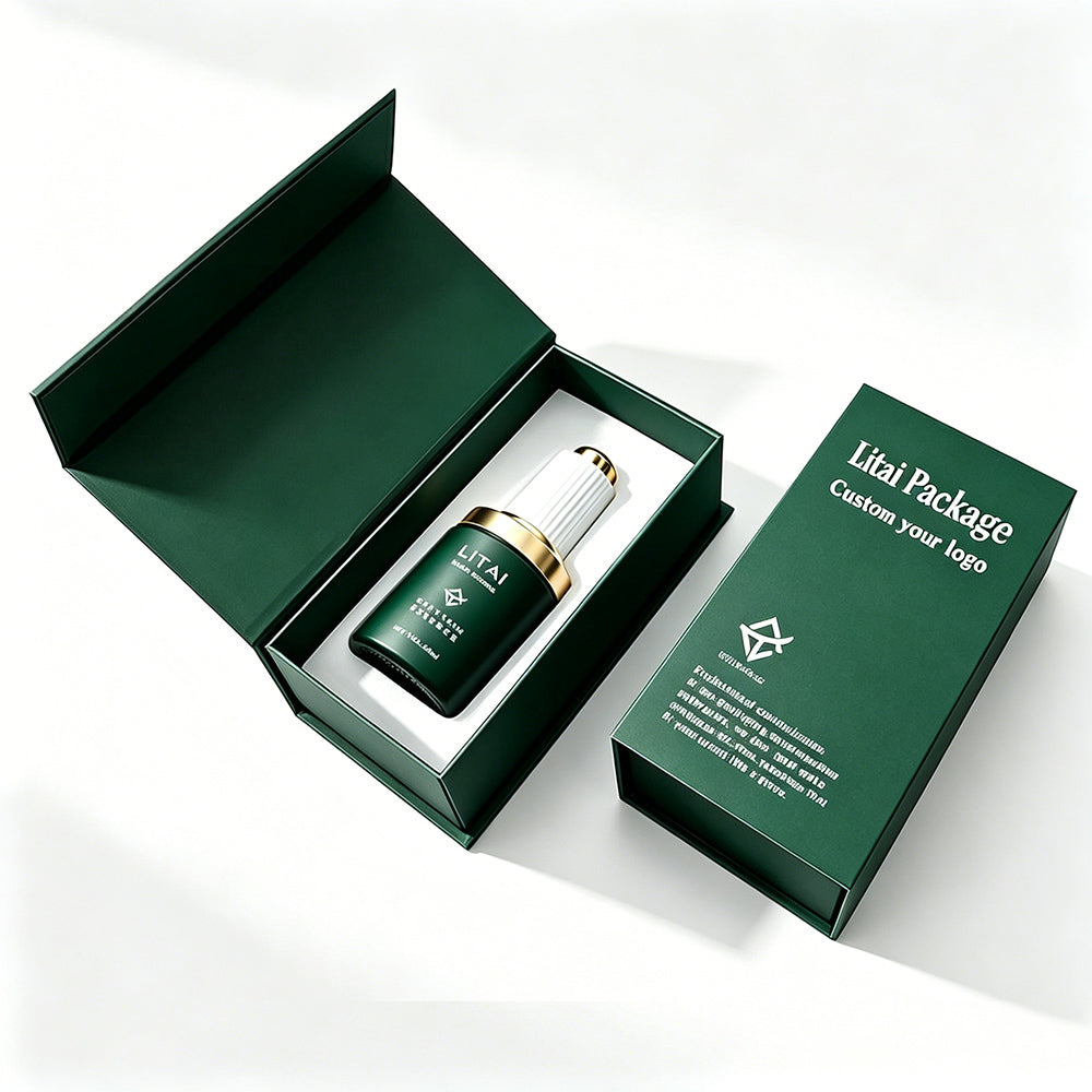 Custom Dark Green 1oz Empty 30ml Facial Oil Glass Bottles With Push Button Dropper Serum Glass Bottle With Box