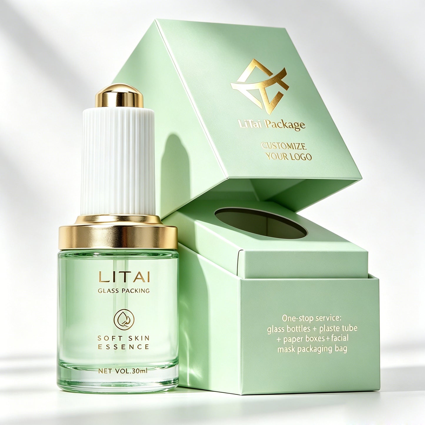 Custom Dark Green 1oz Empty 30ml Facial Oil Glass Bottles With Push Button Dropper Serum Glass Bottle With Box