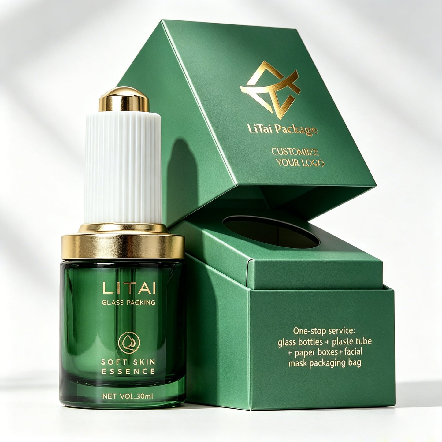 Custom Dark Green 1oz Empty 30ml Facial Oil Glass Bottles With Push Button Dropper Serum Glass Bottle With Box
