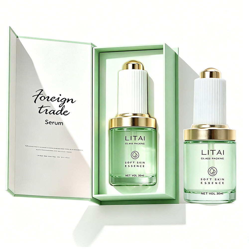 Custom Dark Green 1oz Empty 30ml Facial Oil Glass Bottles With Push Button Dropper Serum Glass Bottle With Box