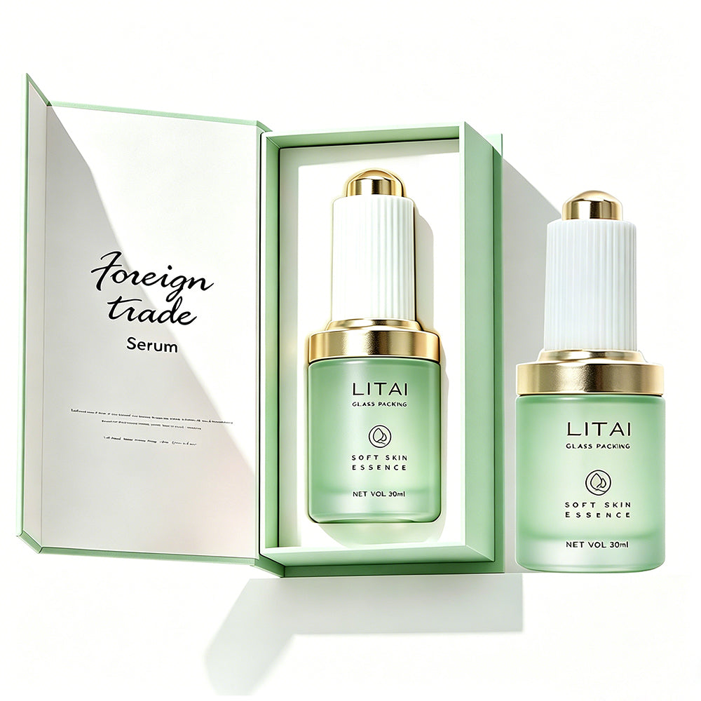 Custom Dark Green 1oz Empty 30ml Facial Oil Glass Bottles With Push Button Dropper Serum Glass Bottle With Box