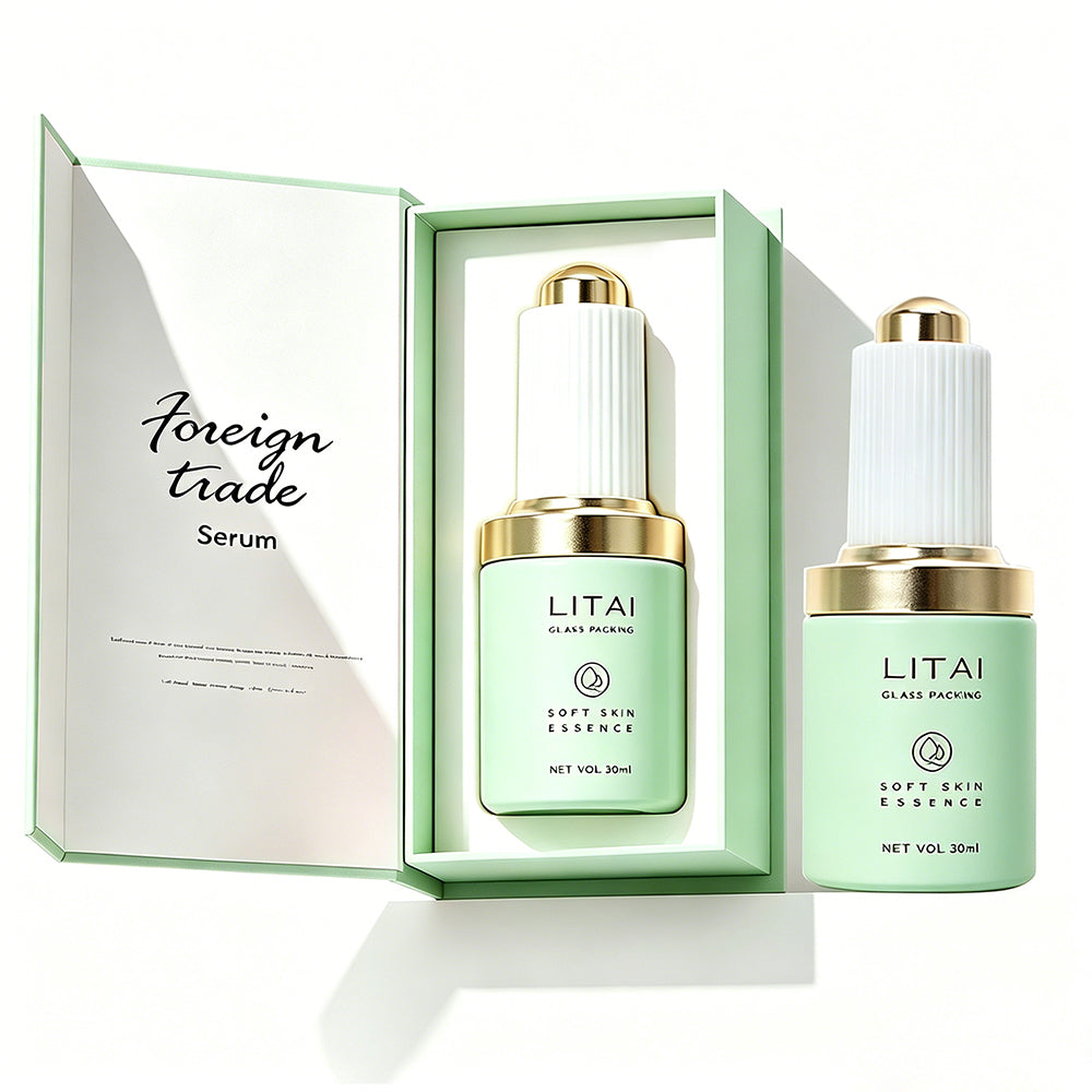 Custom Dark Green 1oz Empty 30ml Facial Oil Glass Bottles With Push Button Dropper Serum Glass Bottle With Box