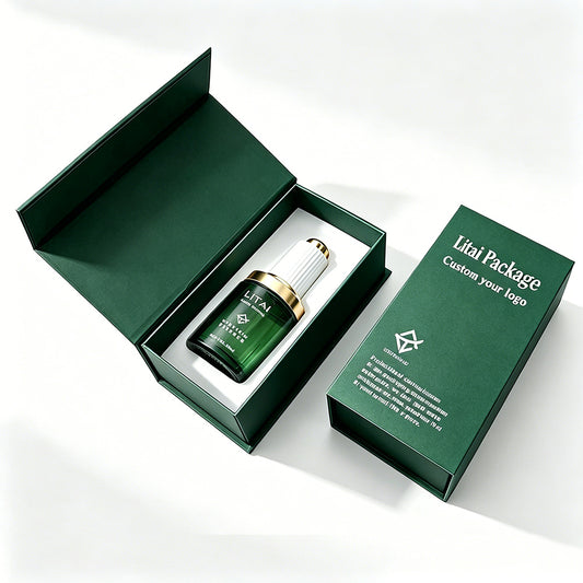 Custom Dark Green 1oz Empty 30ml Facial Oil Glass Bottles With Push Button Dropper Serum Glass Bottle With Box