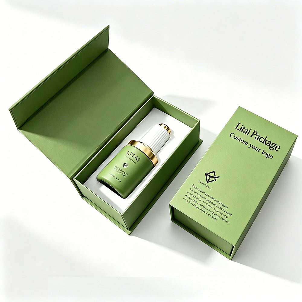 Custom Dark Green 1oz Empty 30ml Facial Oil Glass Bottles With Push Button Dropper Serum Glass Bottle With Box
