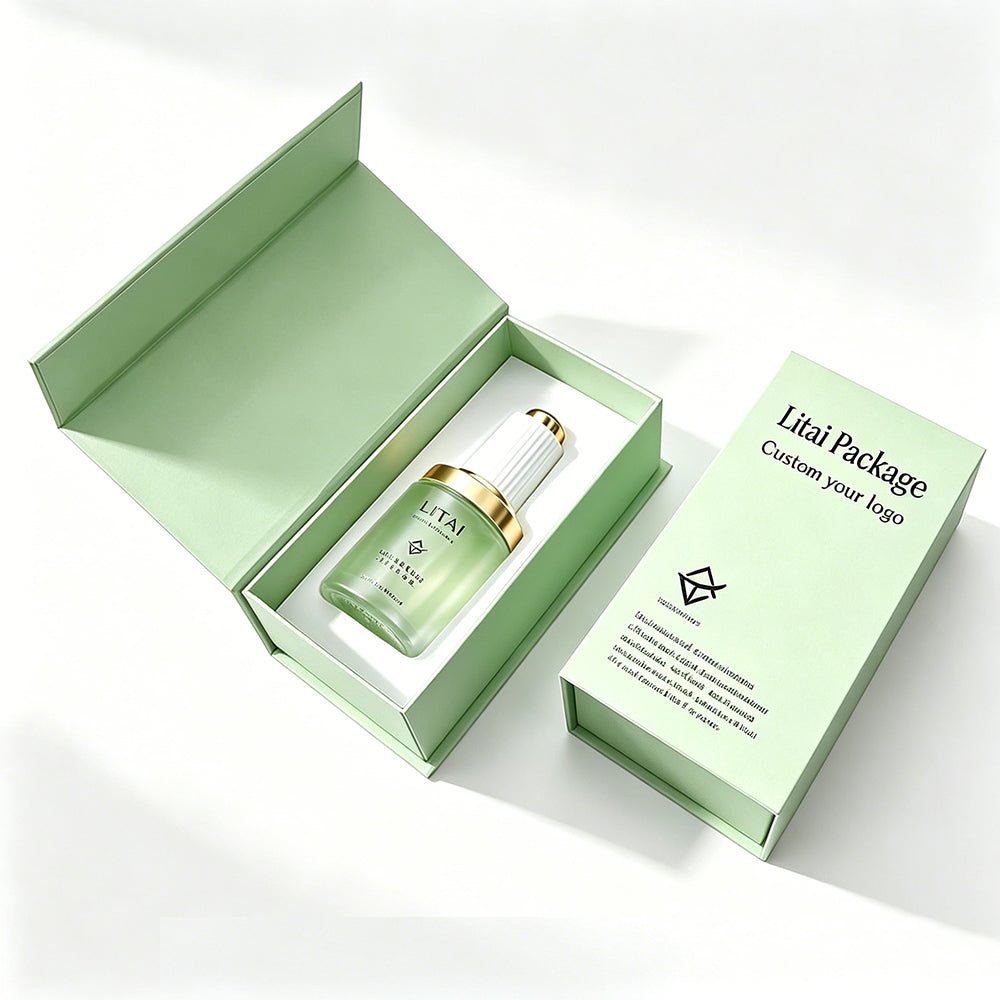 Custom Dark Green 1oz Empty 30ml Facial Oil Glass Bottles With Push Button Dropper Serum Glass Bottle With Box